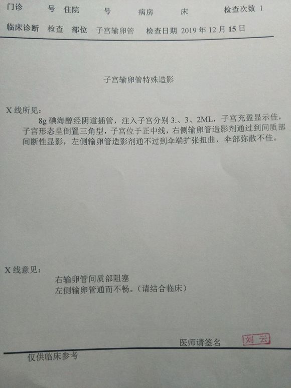 大家给你看看做造影的结果，一边堵塞，一边通而不畅，要做宫腹腔